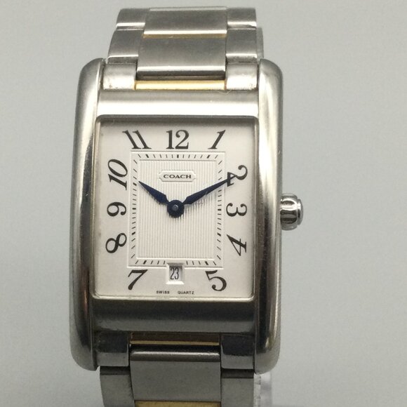 Coach Tank Watch 25mm Women Silver Gold Two Tone Date New Battery 6.25" - Picture 1 of 11